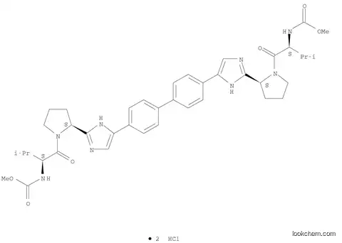 Molecular Structure of 1009119-65-6 (N,N'-[[1,1'-Biphenyl]-4,4'-diylbis[1H-imidazole-5,2-diyl-(2S)-2,1-pyrrolidinediyl[(1S)-1-(1-methylethyl)-2-oxo-2,1-ethanediyl]]]biscarbamic acid dimethyl ester hydrochloride)
